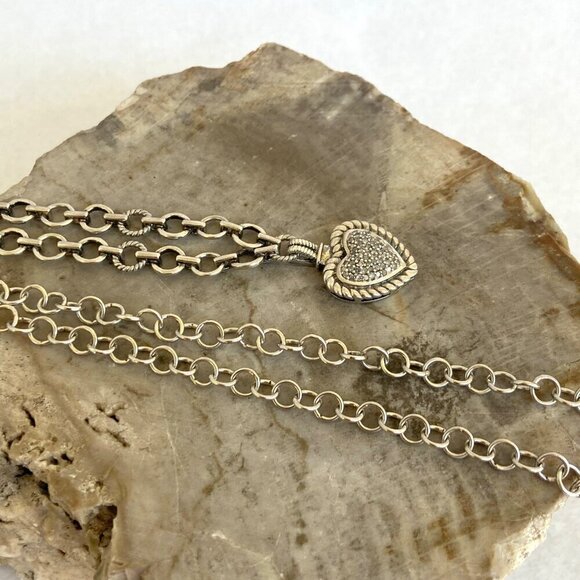 Sterling Silver 925 HN Heng Ngai Pave Diamond Heart Rolo Chain Necklace 17" - Picture 6 of 16